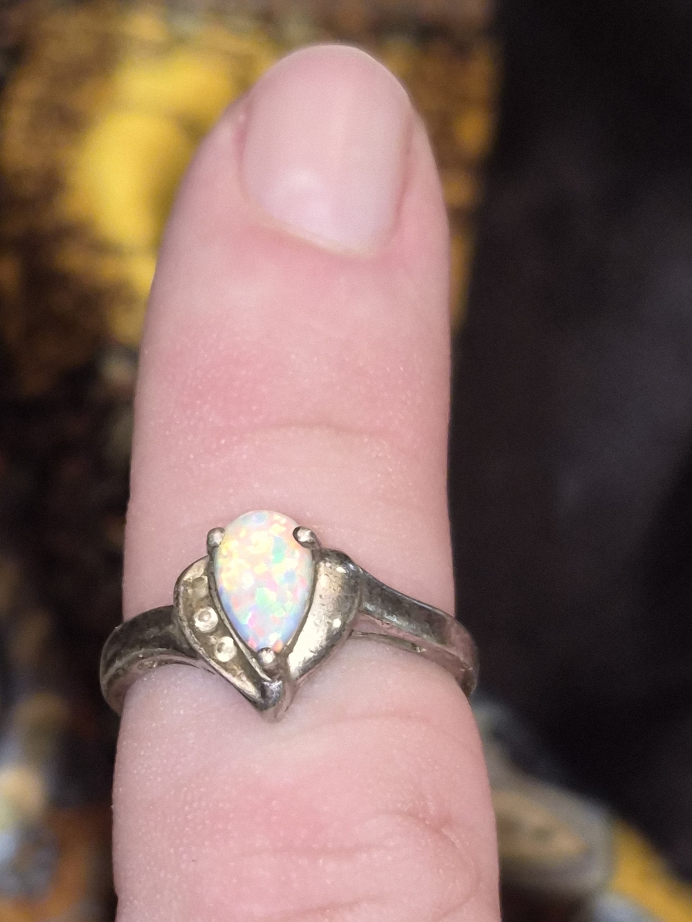 Sterling Silver Teardrop Opal Ring - White Opalescent Gem